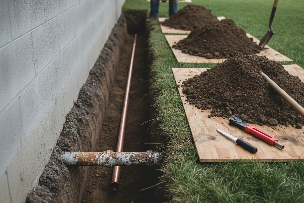 Excavated water line trench during Sewer Line Repair in Bloomsbury